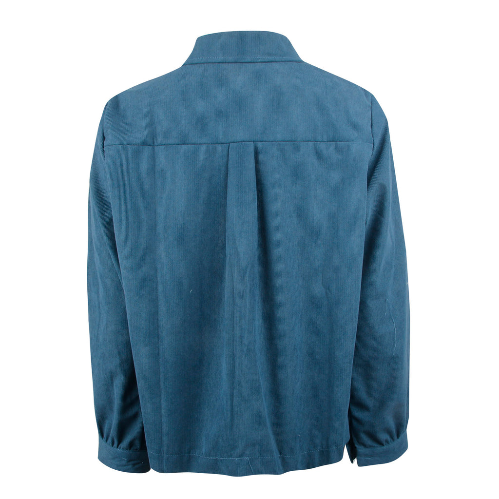 SSCSS Women's Stylish Blue Long-Sleeve Corduroy Turn-Down Collar Coat
